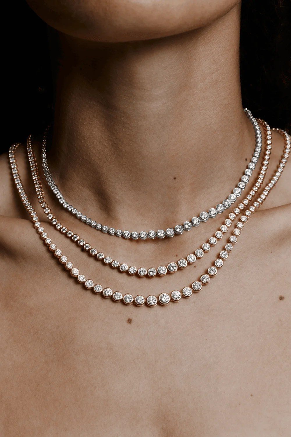Three layered tennis necklaces in white and rose gold